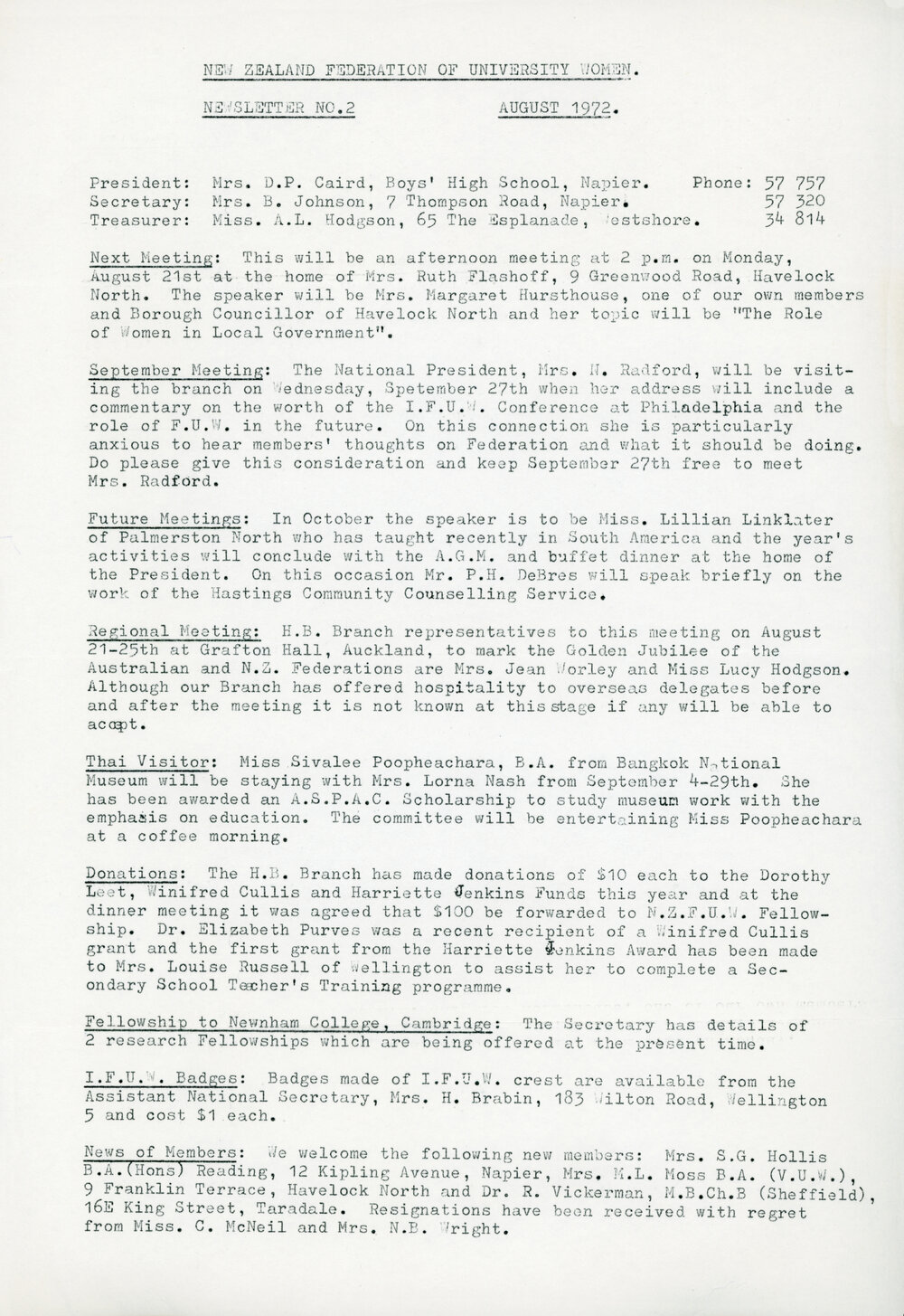 New Zealand Federation of University Women - Newsletter No.2, August 1972