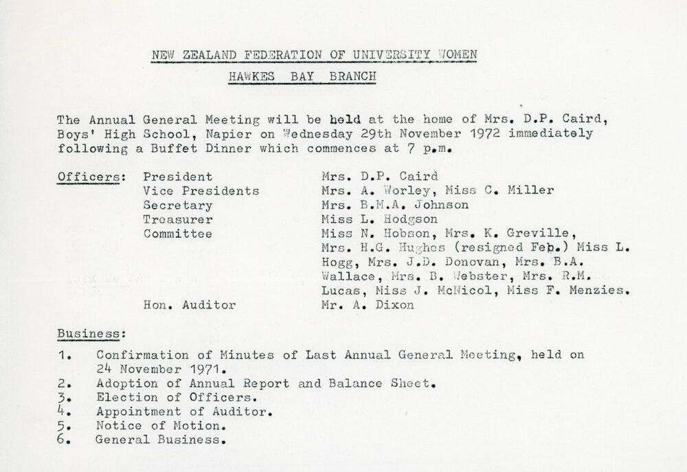 New Zealand Federation of University Women - Notice of AGM 1972