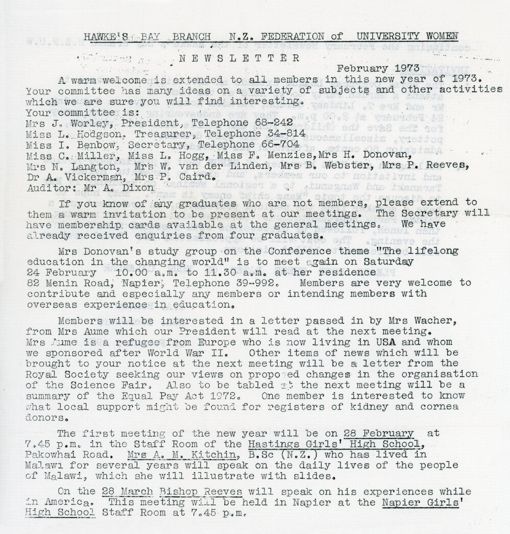 New Zealand Federation of University Women - Newsletter February 1973