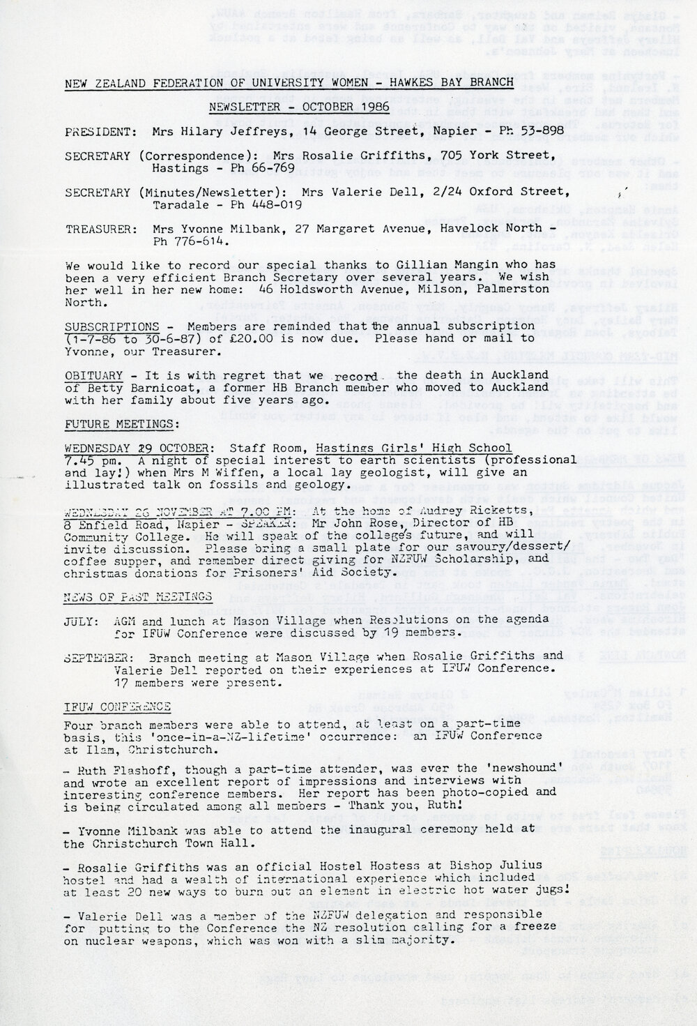 New Zealand Federation of University Women - Newsletter October 1986
