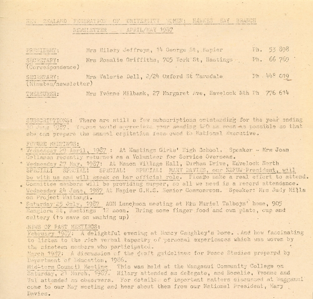 New Zealand Federation of University Women - Newsletter April/May 1987