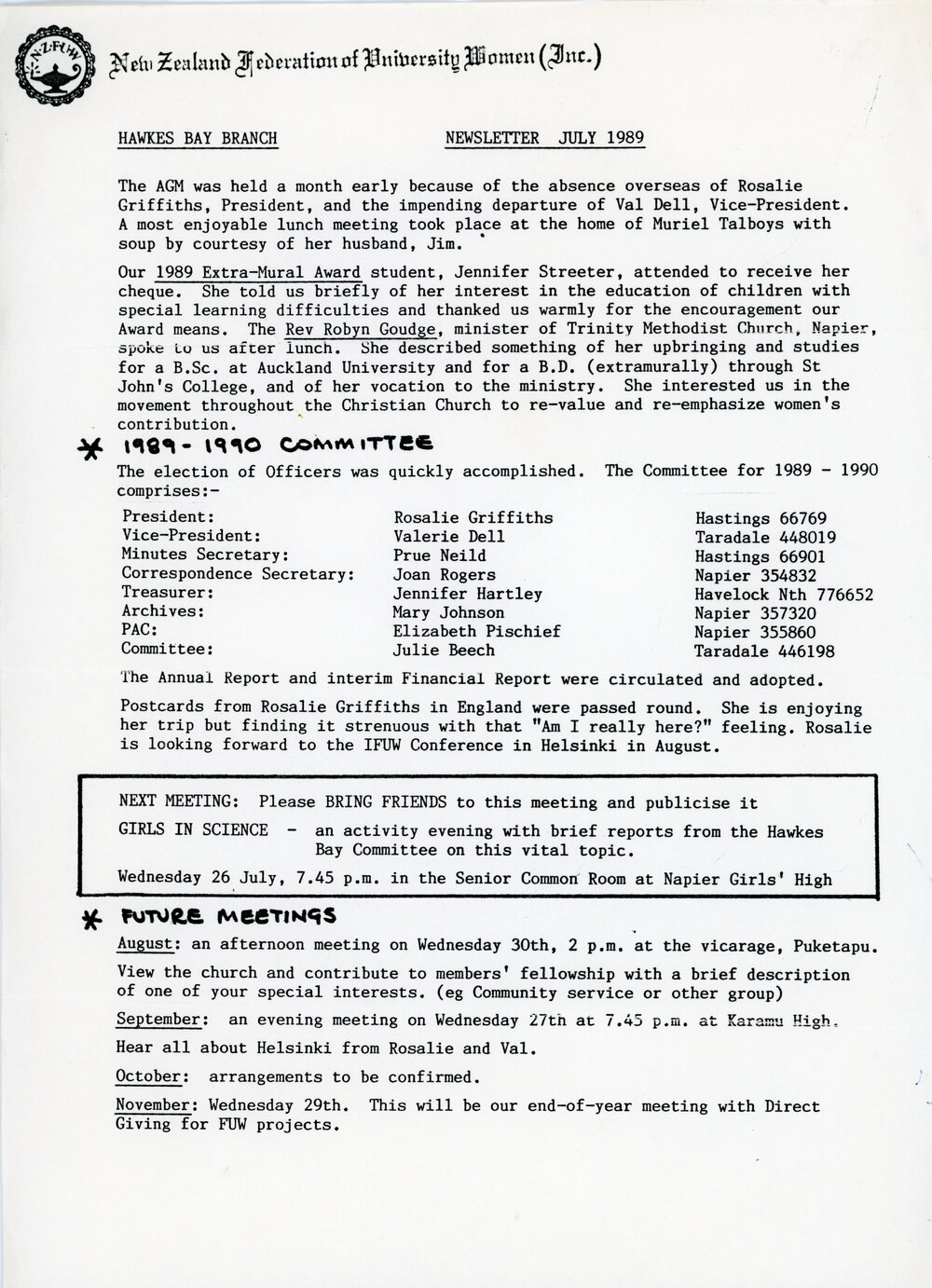 New Zealand Federation of University Women - Newsletter July 1989