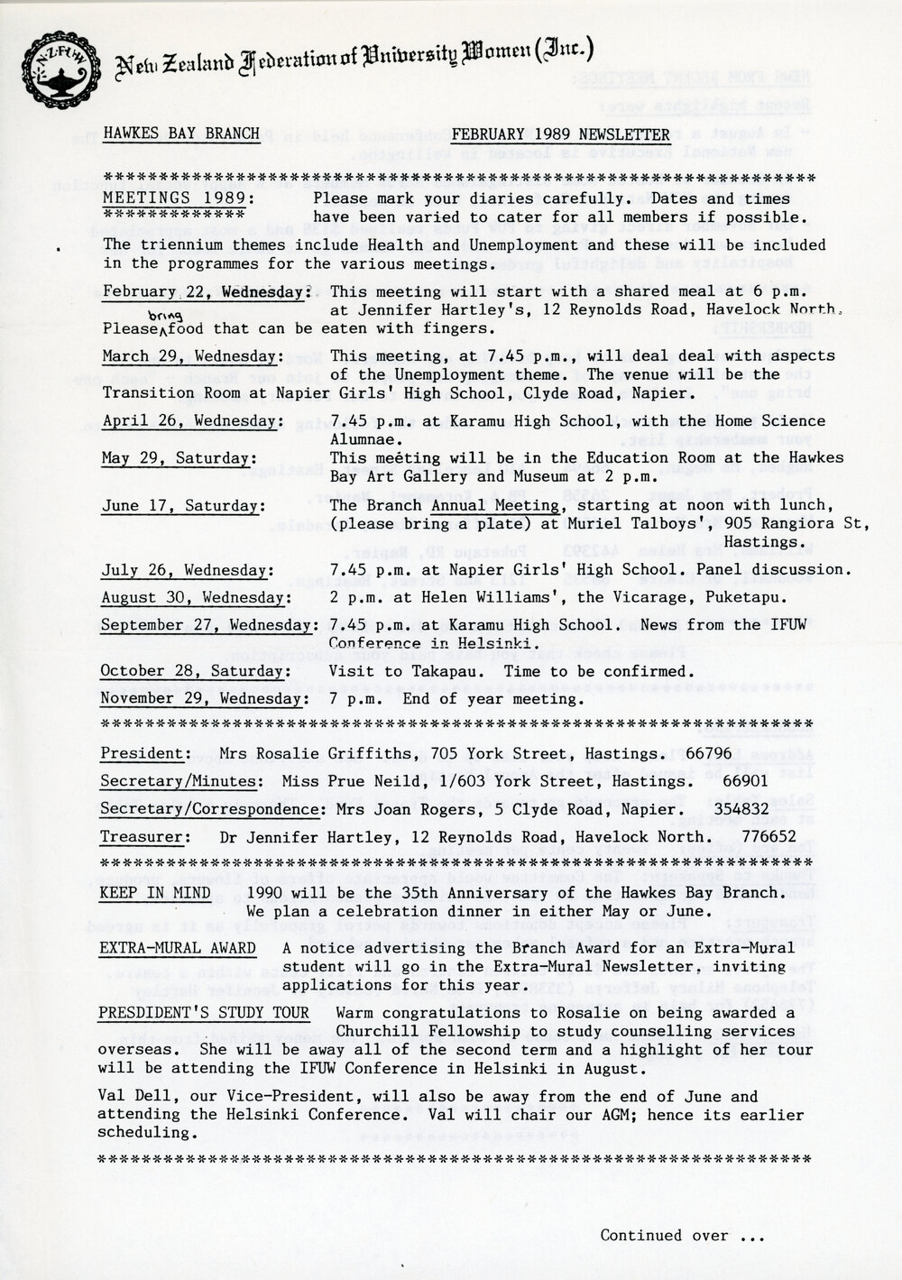 New Zealand Federation of University Women - Newsletter February 1989