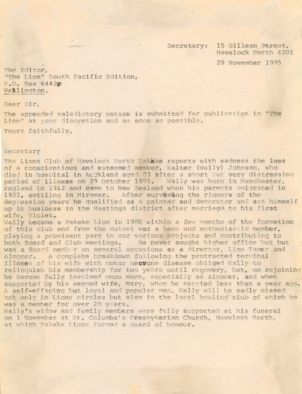 Letter to the Editor of "The Lion"