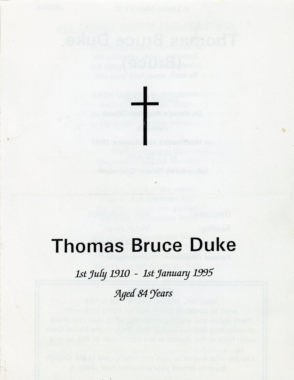 Funeral Service Programme for Thomas Bruce Duke