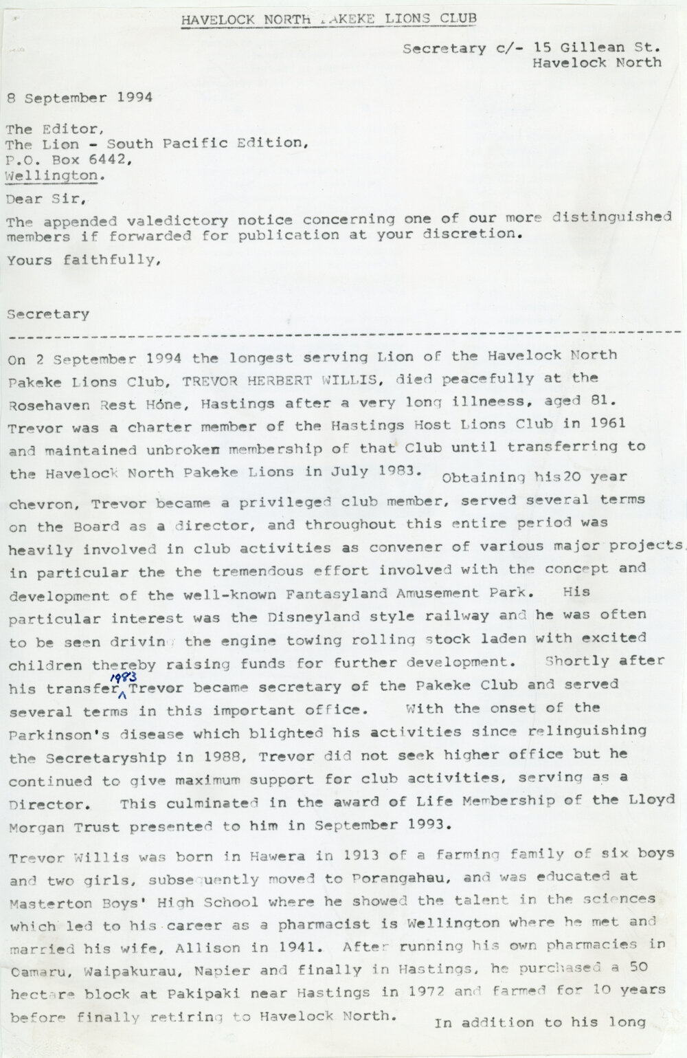 Letter to editor of "The Lion"