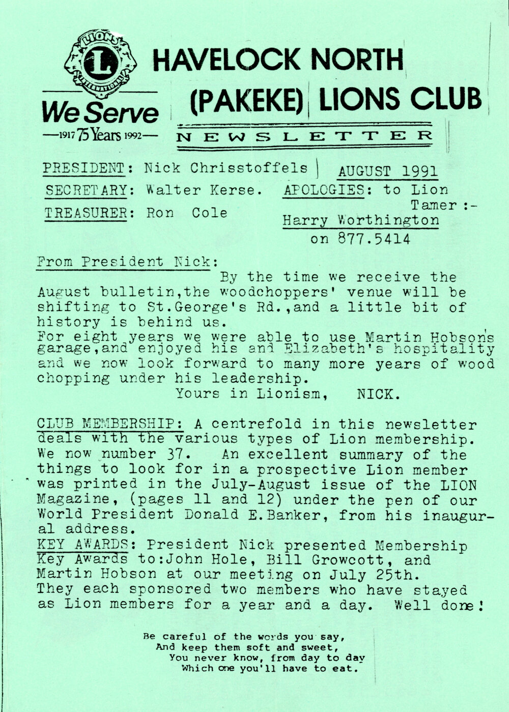 Pakeke Lions Club Newsletter