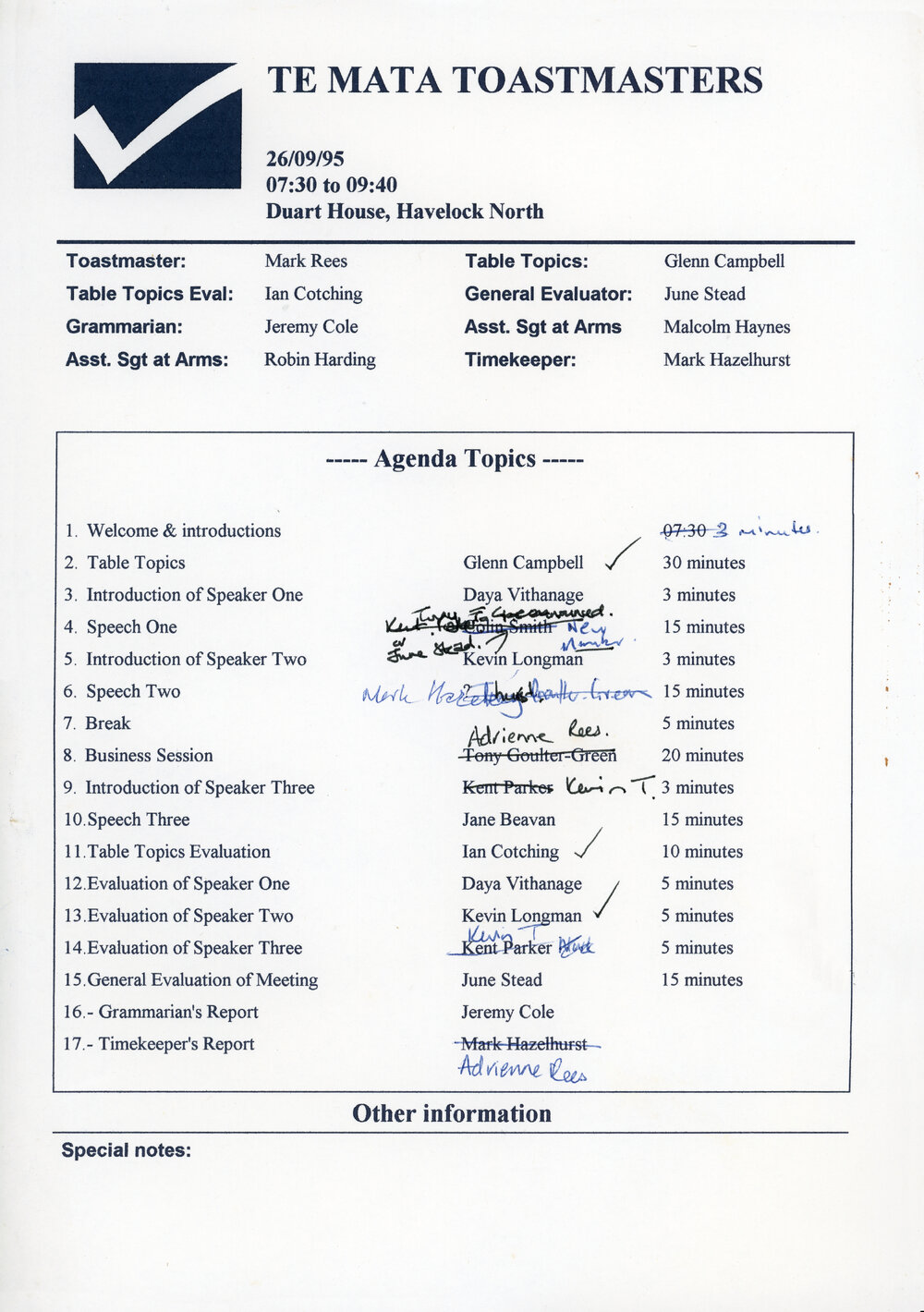 Agenda for Te Mata Toastmasters Meeting