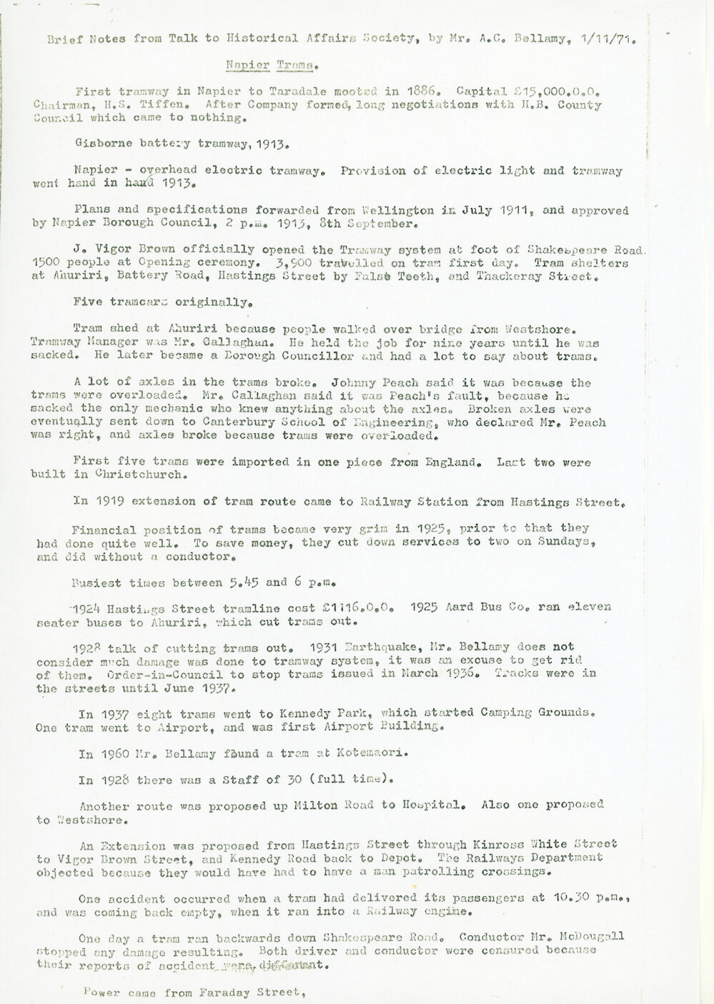 Napier Trams - a Talk by A C Bellamy