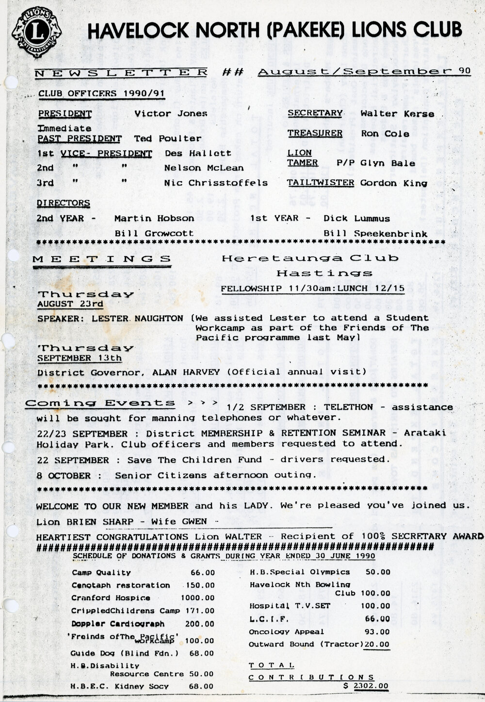 Pakeke Lions Club Newsletter 1990