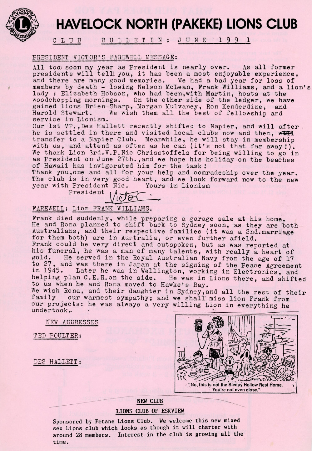 Pakeke Lions Club Newsletter 1991