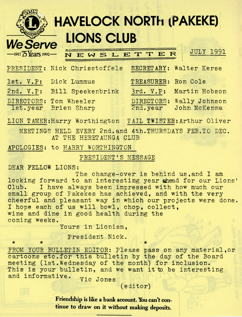 Pakeke Lions Club Newsletter 1991