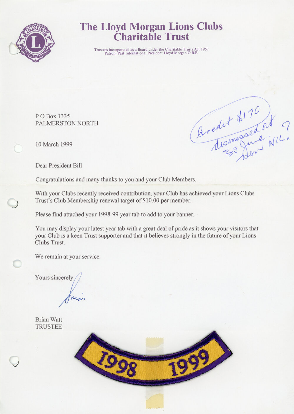 Letter from The Lloyd Morgan Lions Clubs Charitable Trust