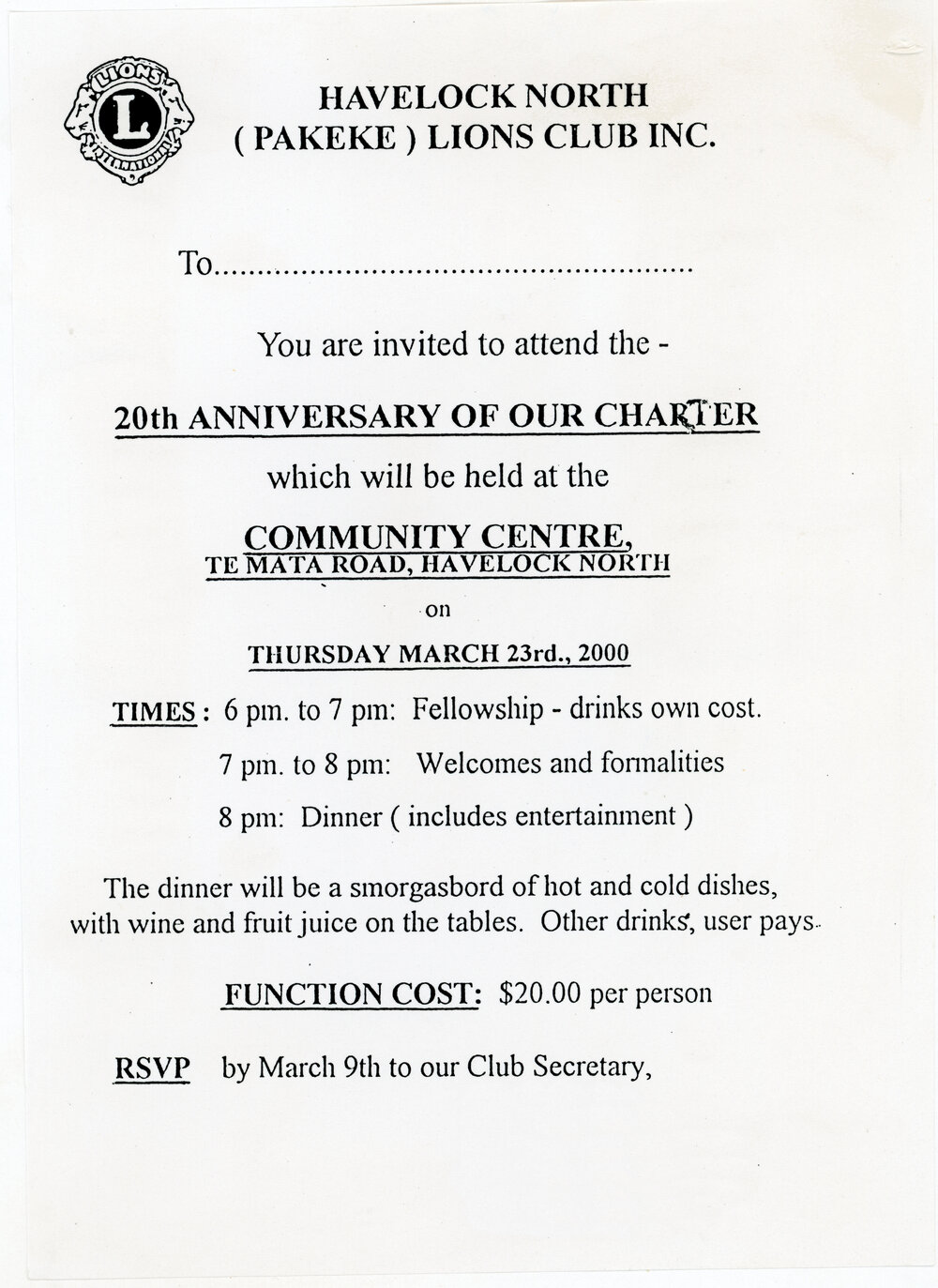 Havelock North Pakeke Lions Club 20th Anniversary Dinner