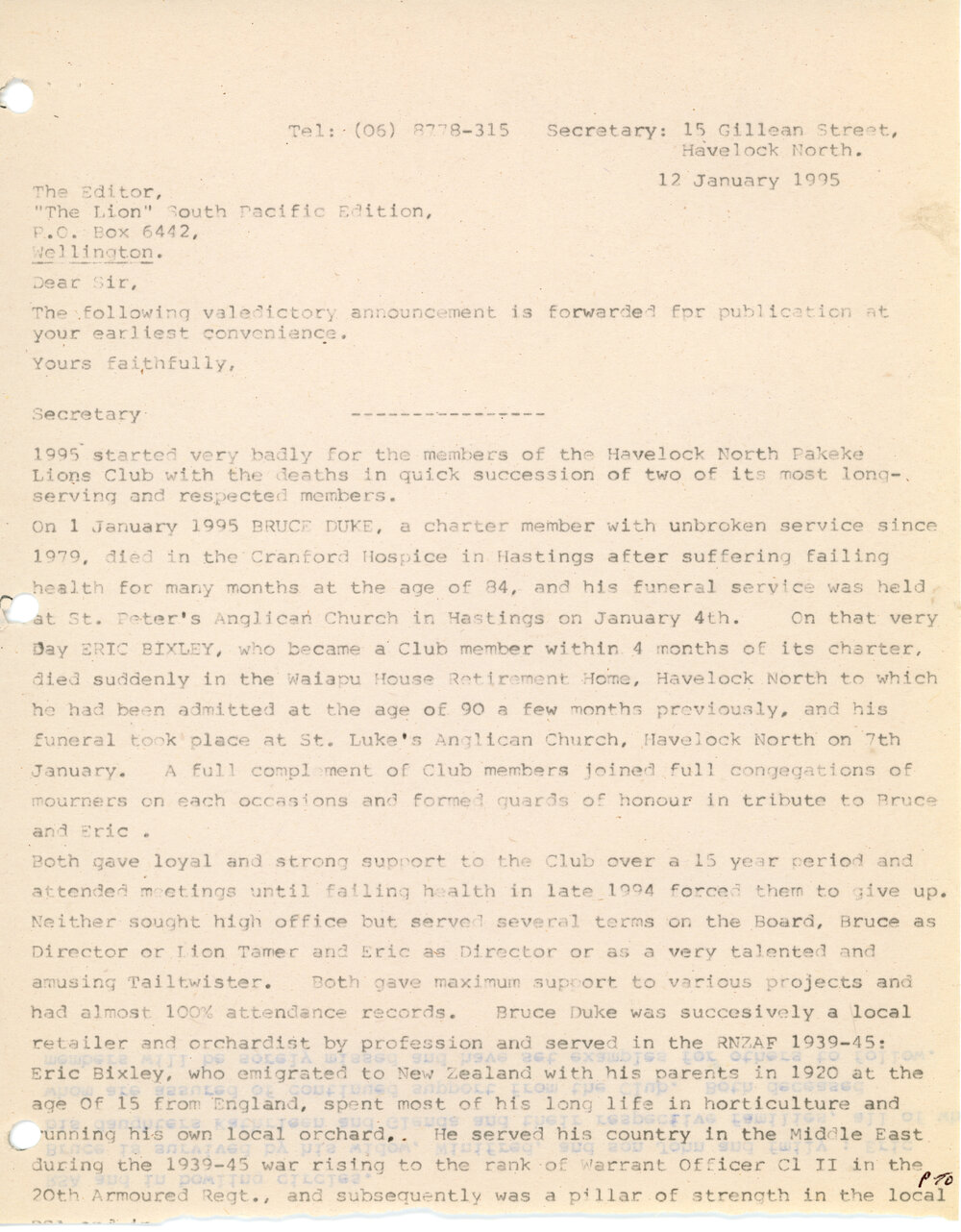 Letter addressed to the Editor of "The Lion" South Pacific Edition