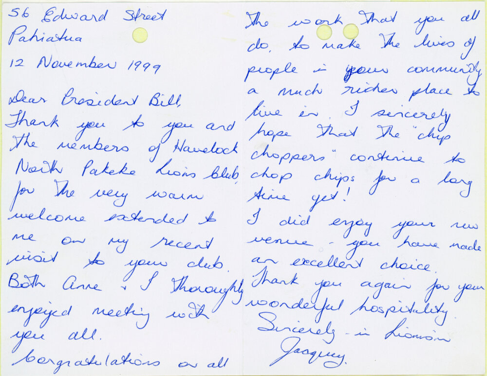 Pakeke Lion's Club Correspondence