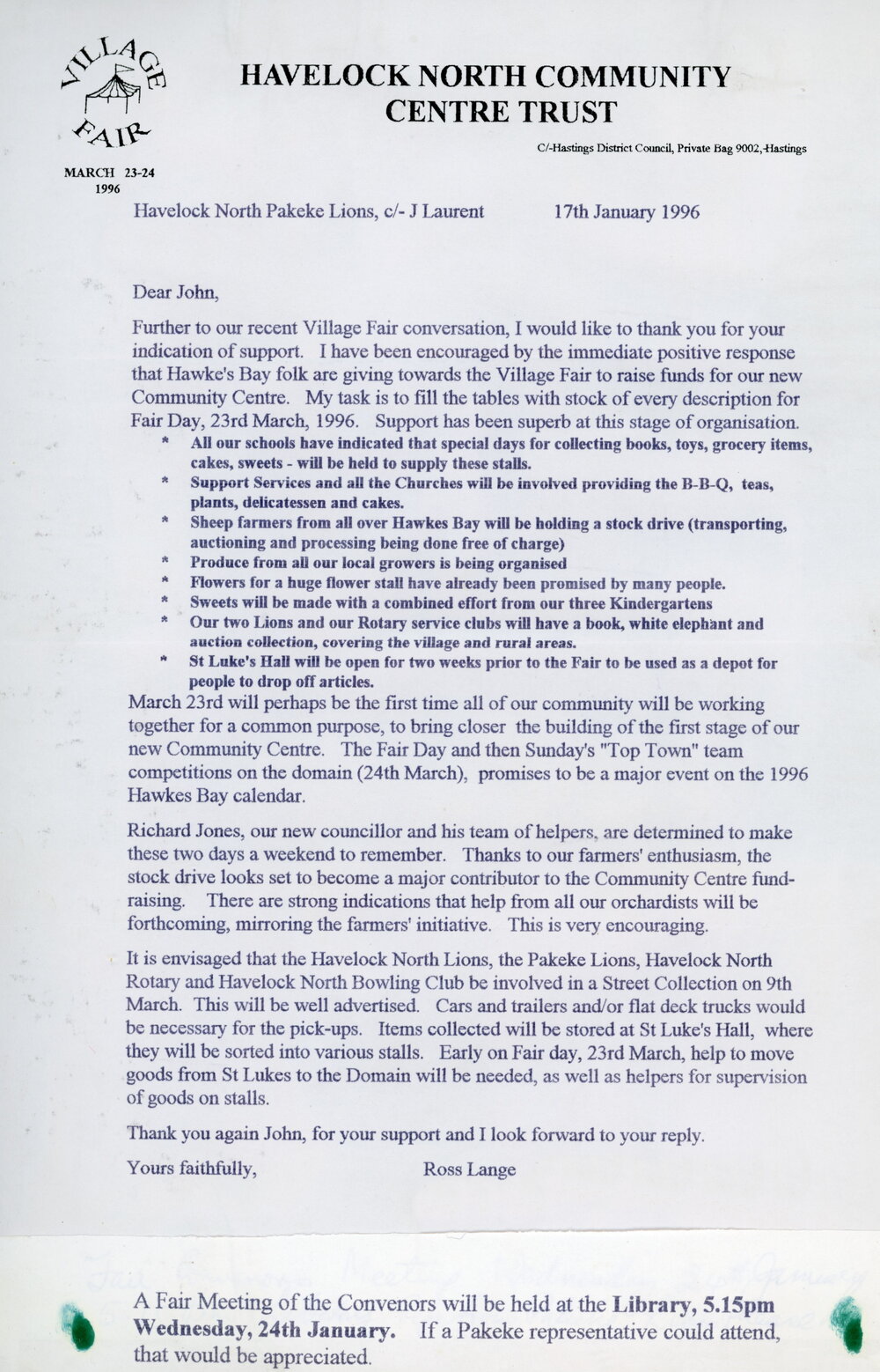 Havelock North Village Fair Correspondence