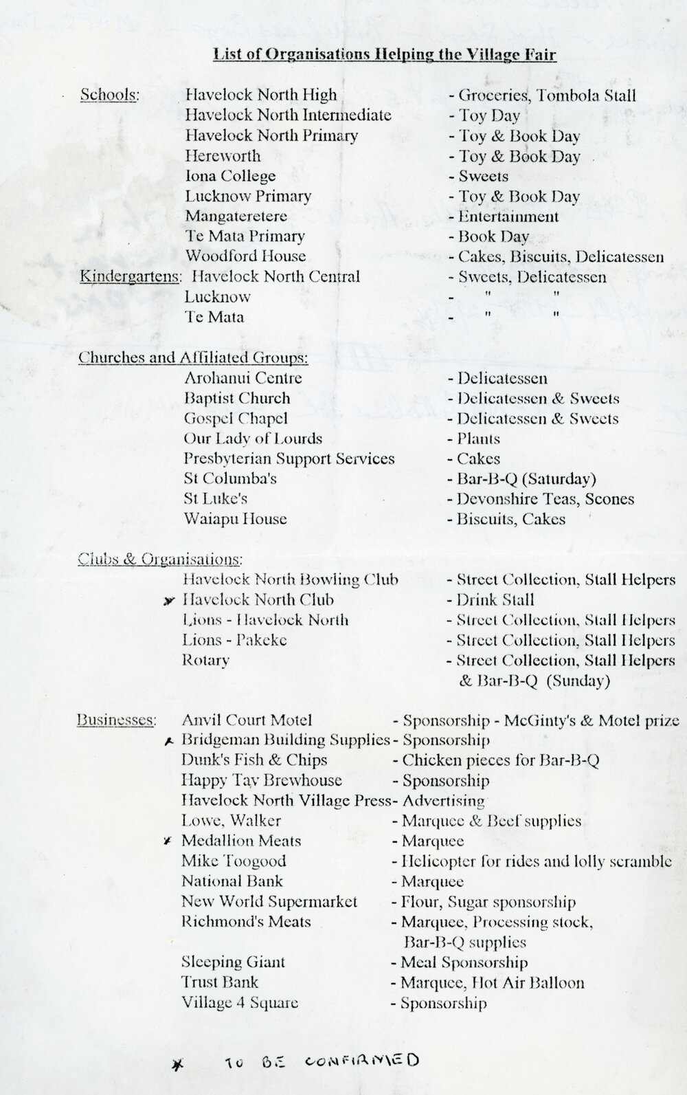 Organisation of a Havelock North Village Fair
