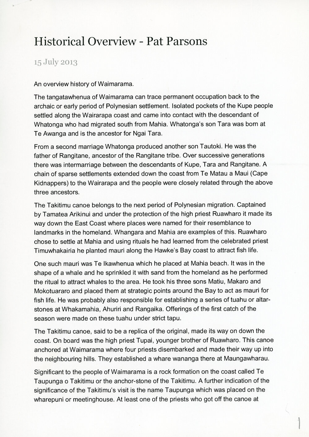 Waimarama: Historical Overview by Pat Parsons