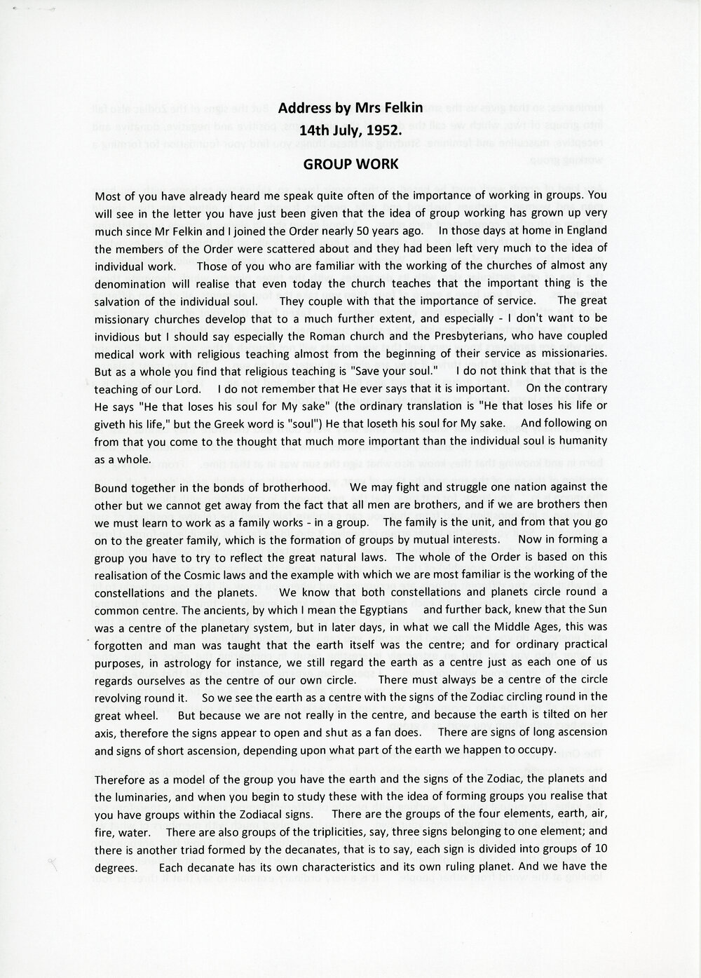Address by Mrs Felkin 14 July 1952: Group work