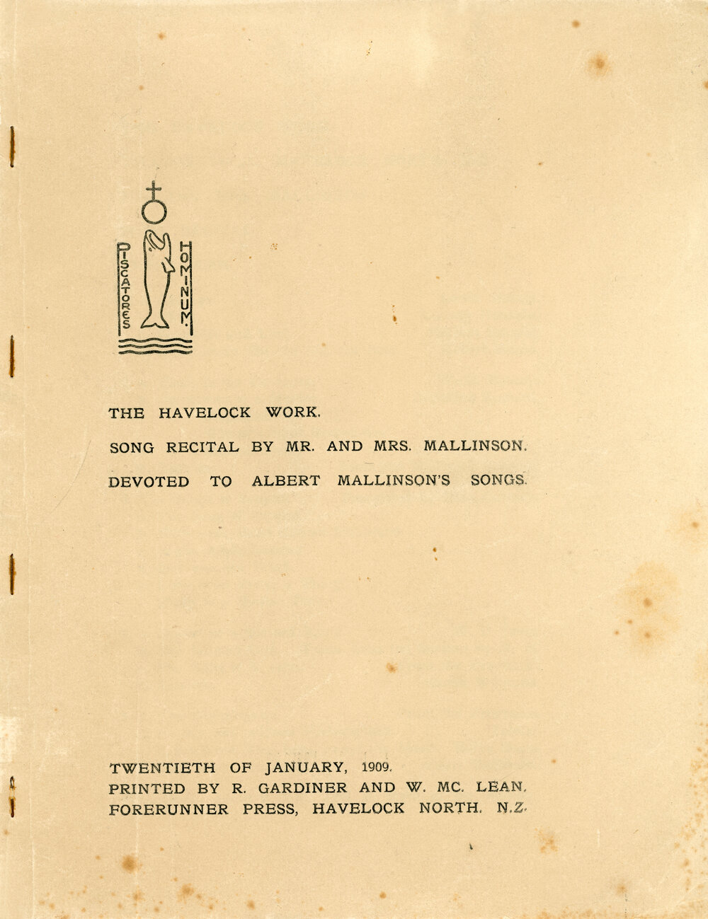 The Havelock Work; song recital by Mr and Mrs Mallinson devoted to Albert Mallison's songs