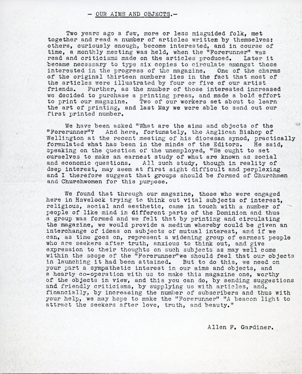 Our Aims and Objects by Allen F Gardiner