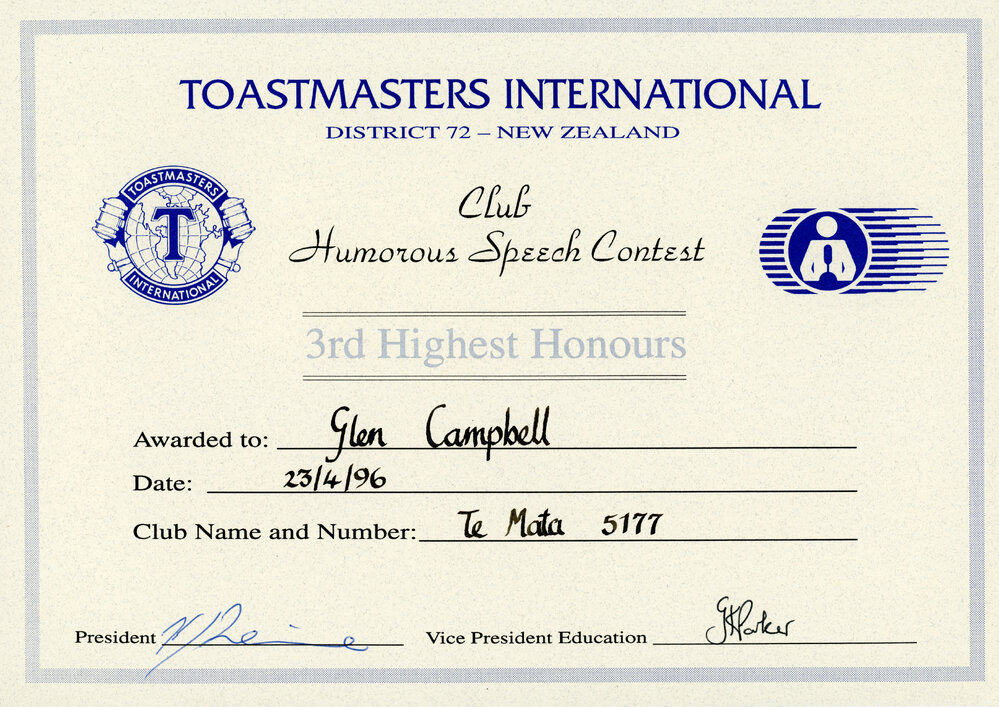 Toastmasters International Certificate - District 72 - New Zealand