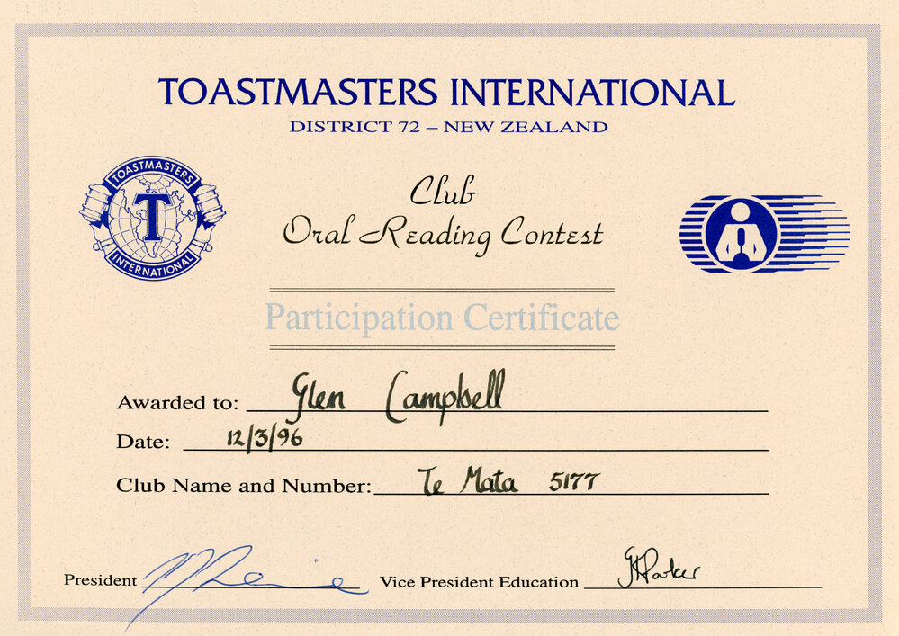 Toastmasters International Participation Certificate - District 72 - New Zealand