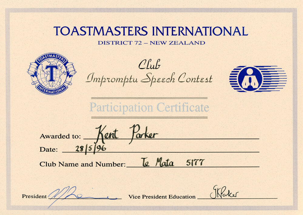 Toastmasters International Participation Certificate - District 72 - New Zealand