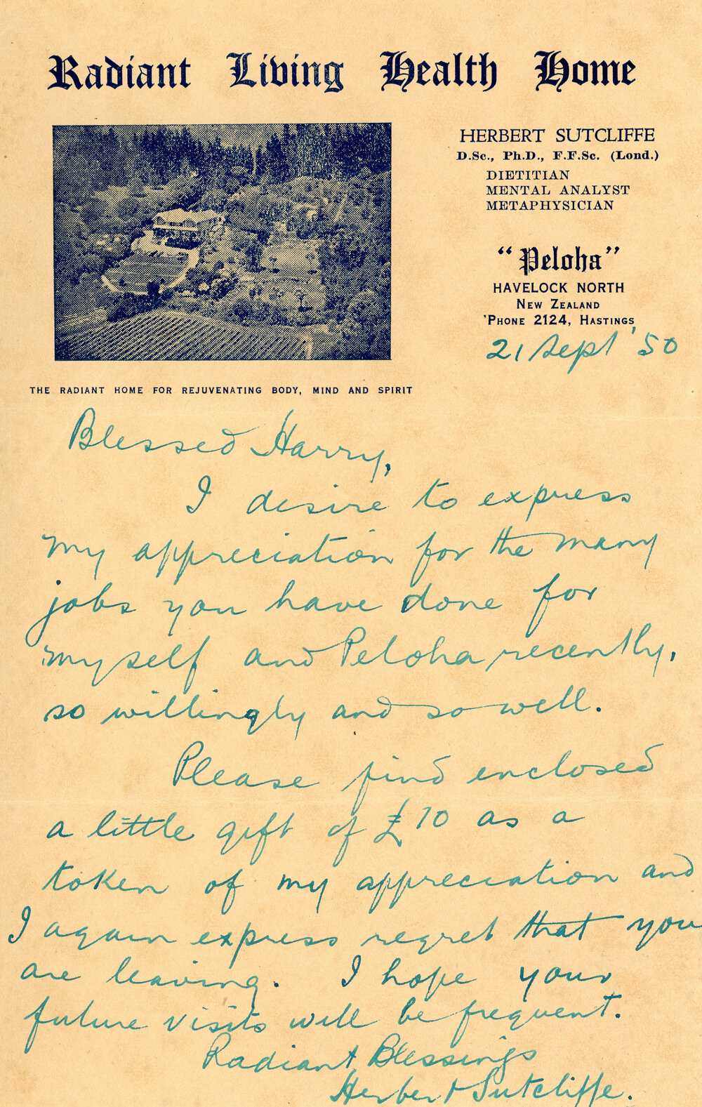 Letter from Herbert Sutcliffe to Harry Kendrick