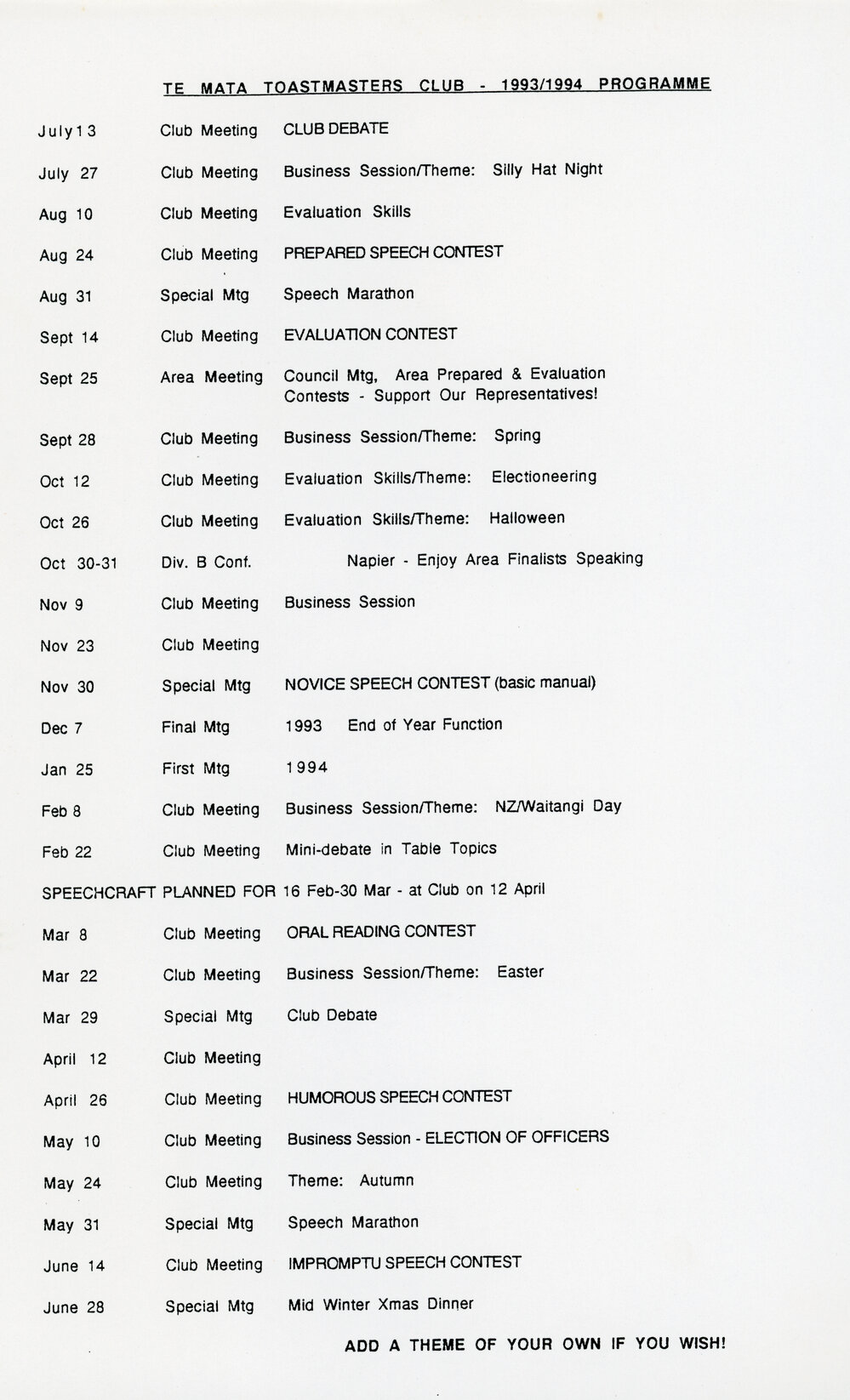 Te Mata Toastmasters Folder 1993-1994