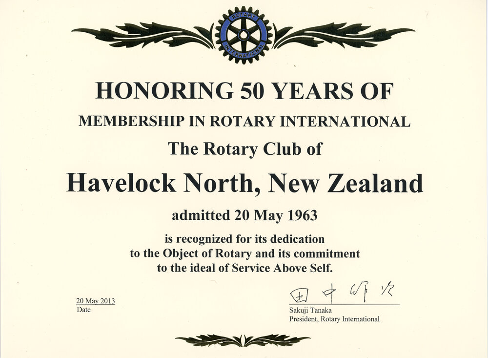 Certificate Awarded to Havelock North Rotary Club