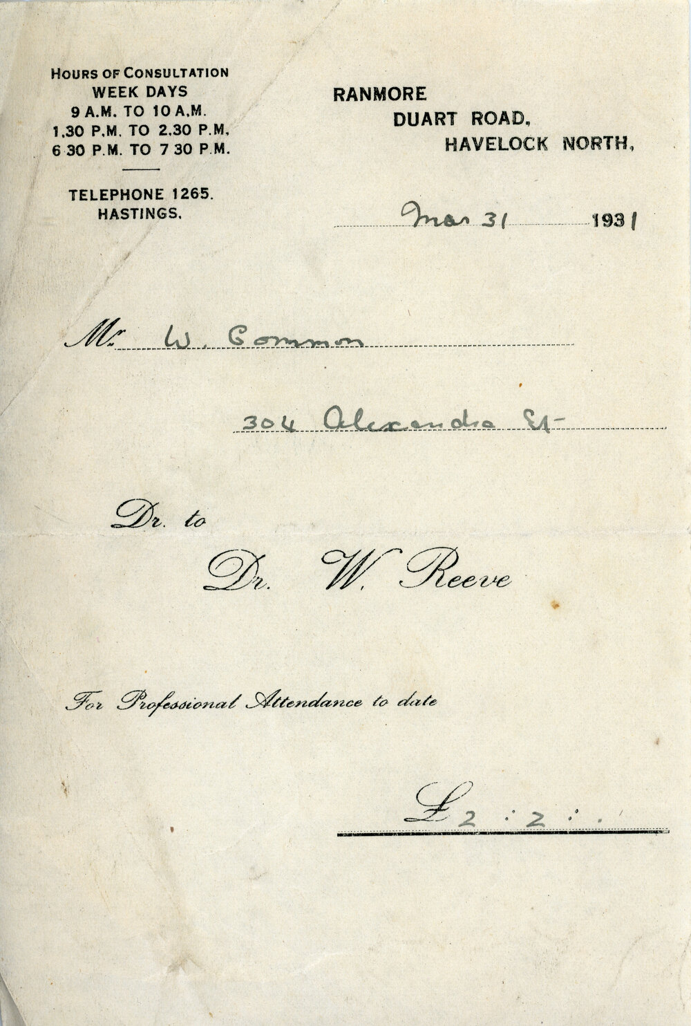 Invoice from Dr W. Reeve