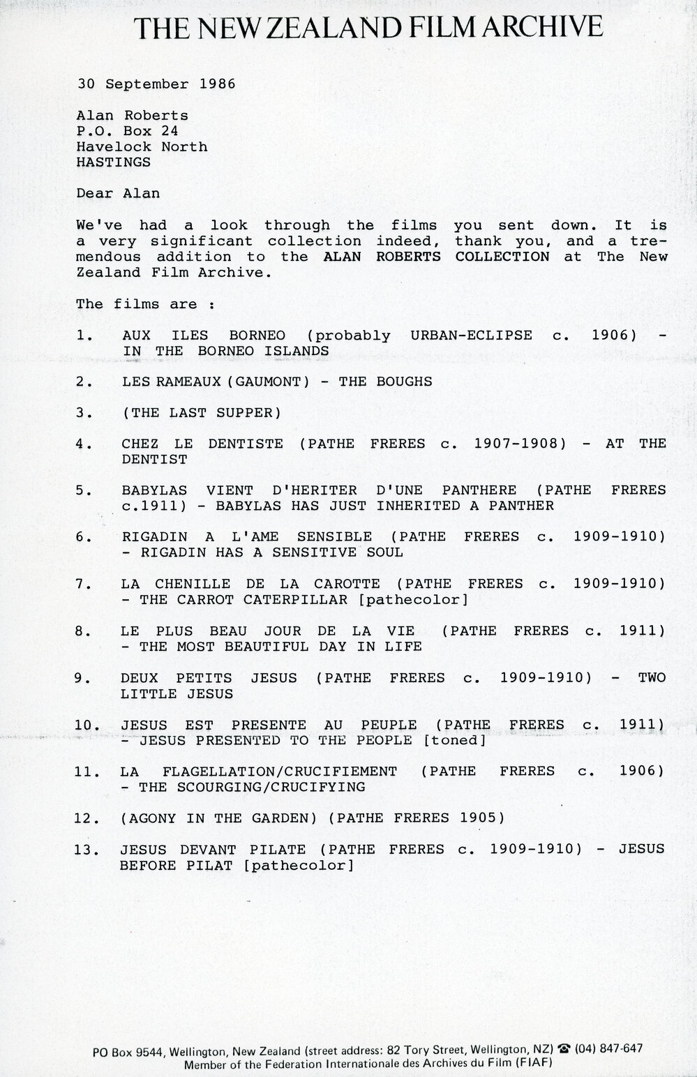 Letter from The New Zealand Film Archive to Alan Roberts