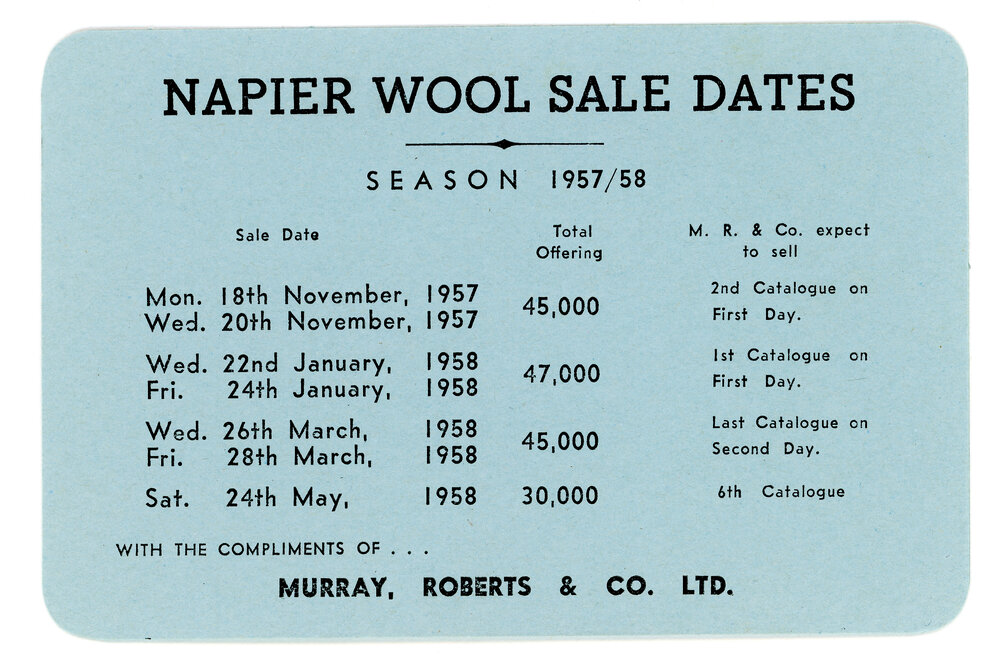 Murray, Roberts &amp; Co. Ltd. Napier Wool Sale Dates 1957/58
