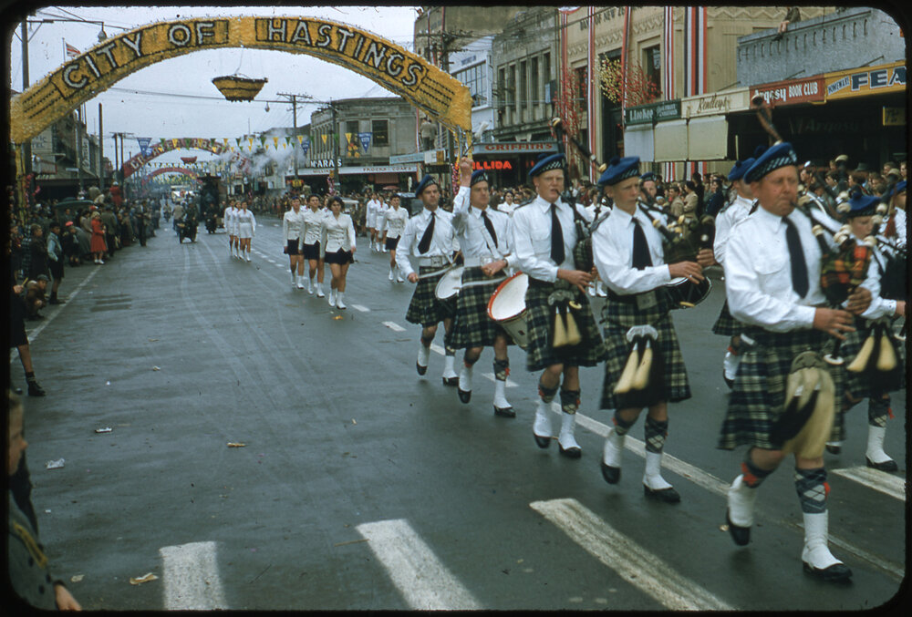 Pipe Band, Heretaunga Street - Transport Through the Ages Parade 1956