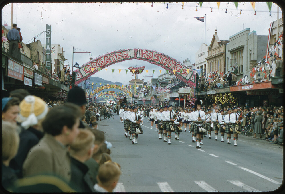 Pipe Band, Heretaunga Street - Transport Through the Ages Parade 1956