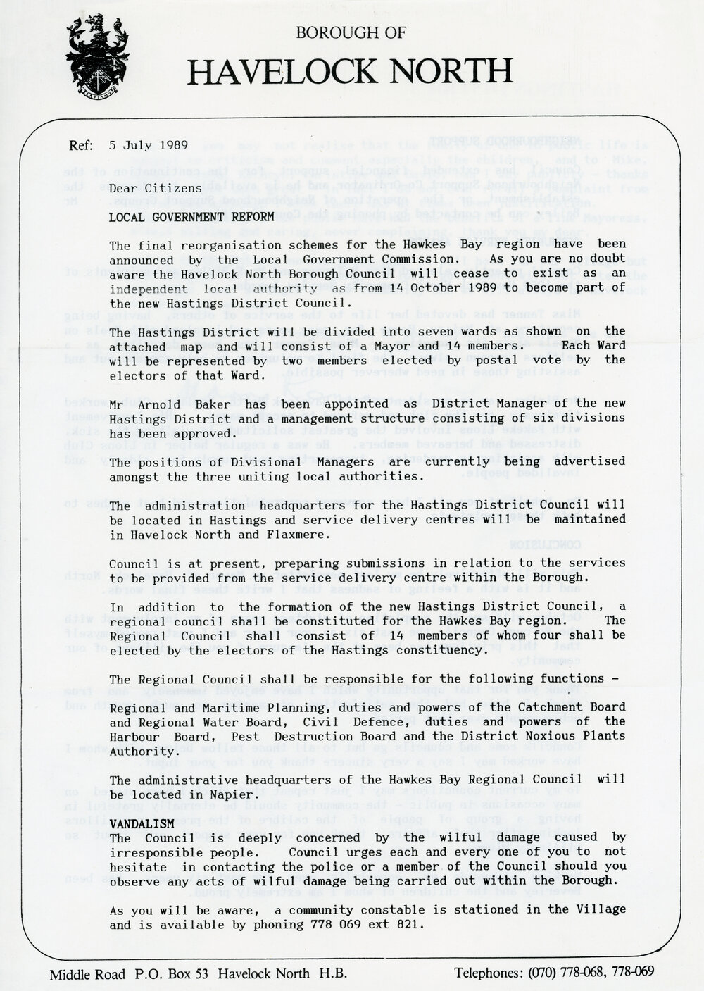 Havelock North Borough Council Letter