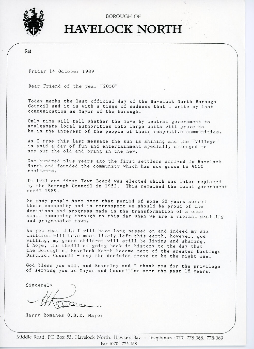 Letter from the Havelock North Borough Council Mayor