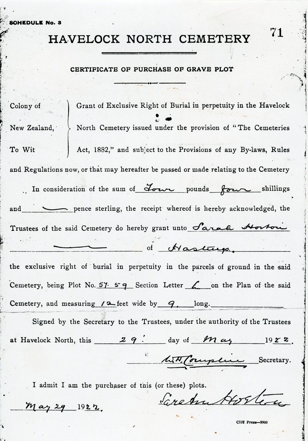 Certificate of Purchase of Grave Plot