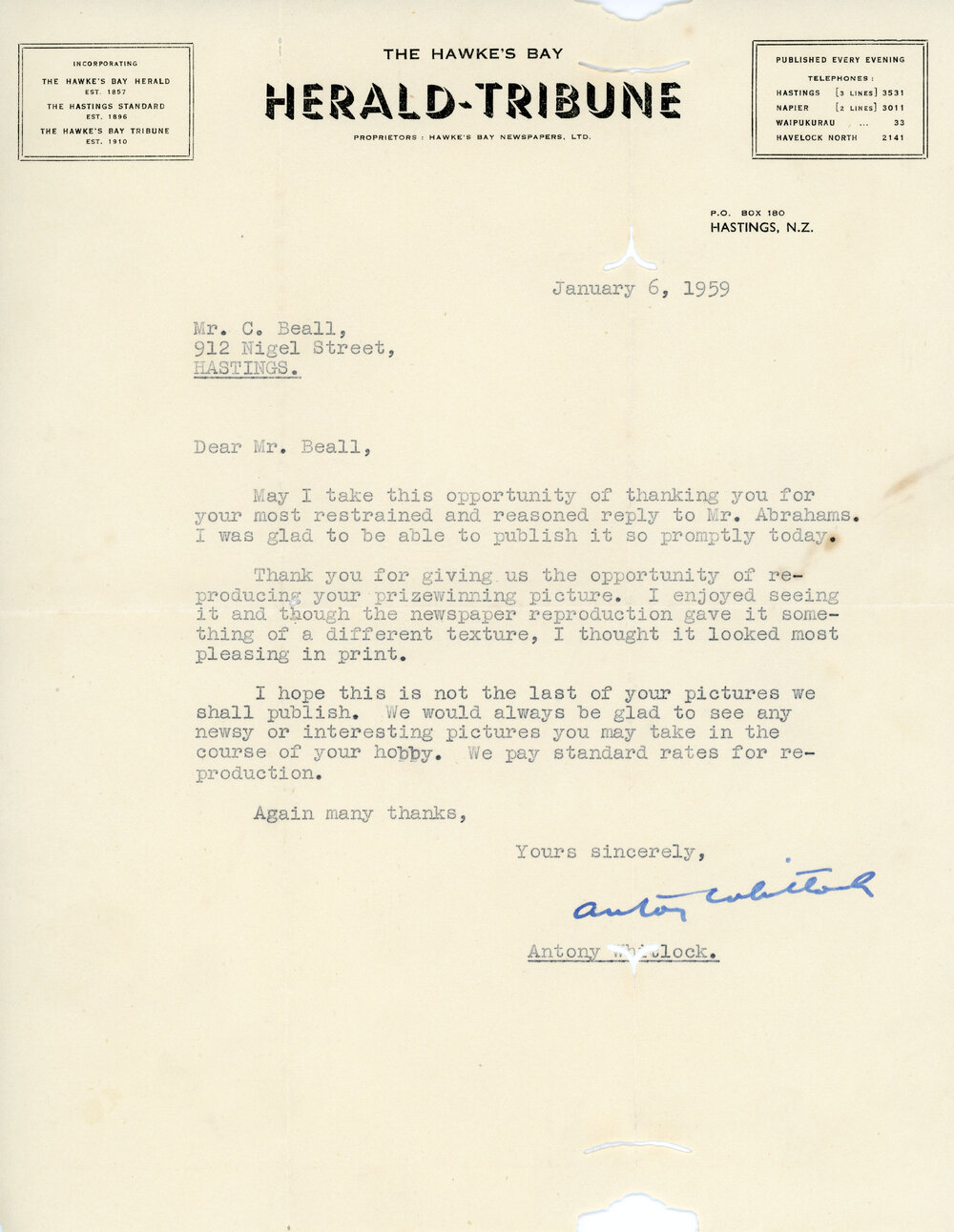 Letter from Antony Whitlock to Chris Beall