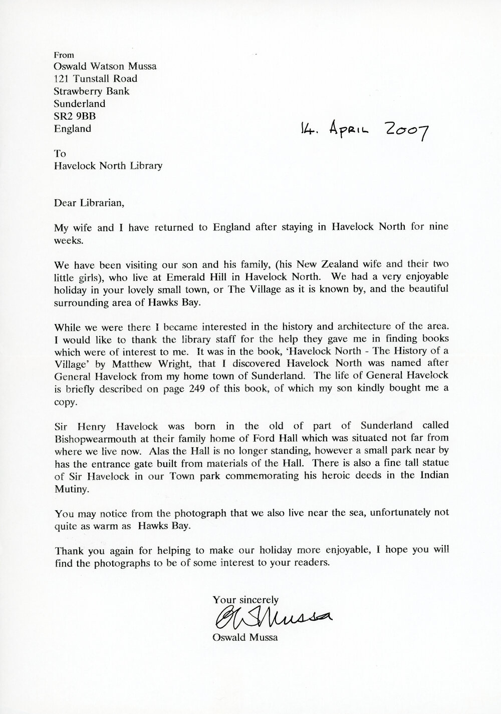 Letter from Oswald Mussa to Havelock North Library