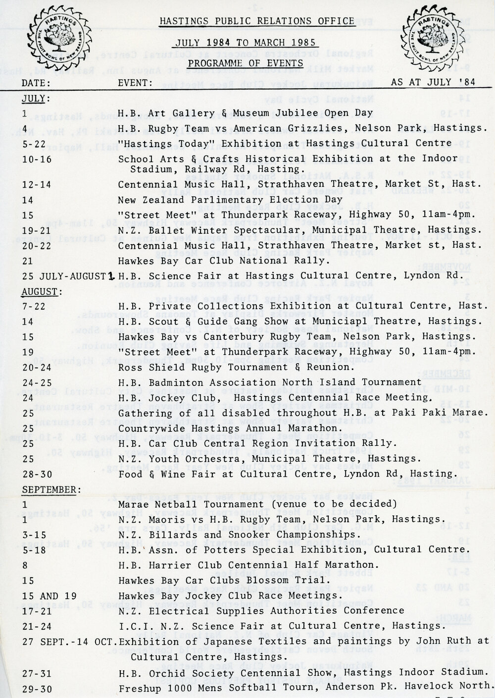 Hastings Events Programme July 1984 - March 1985