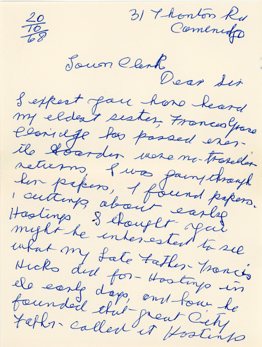 Letter to Town Clerk