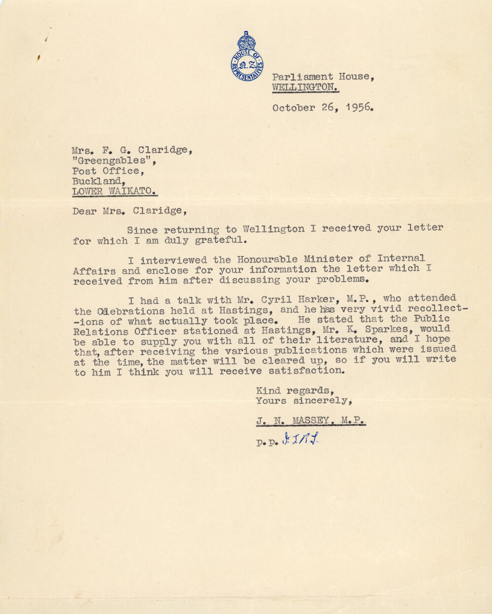 Letter to Mrs Francis Claridge