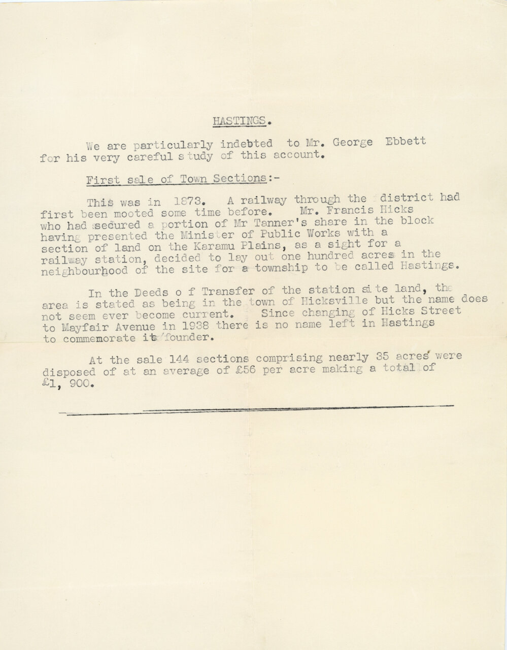 First Sale of Town Sections in Hastings
