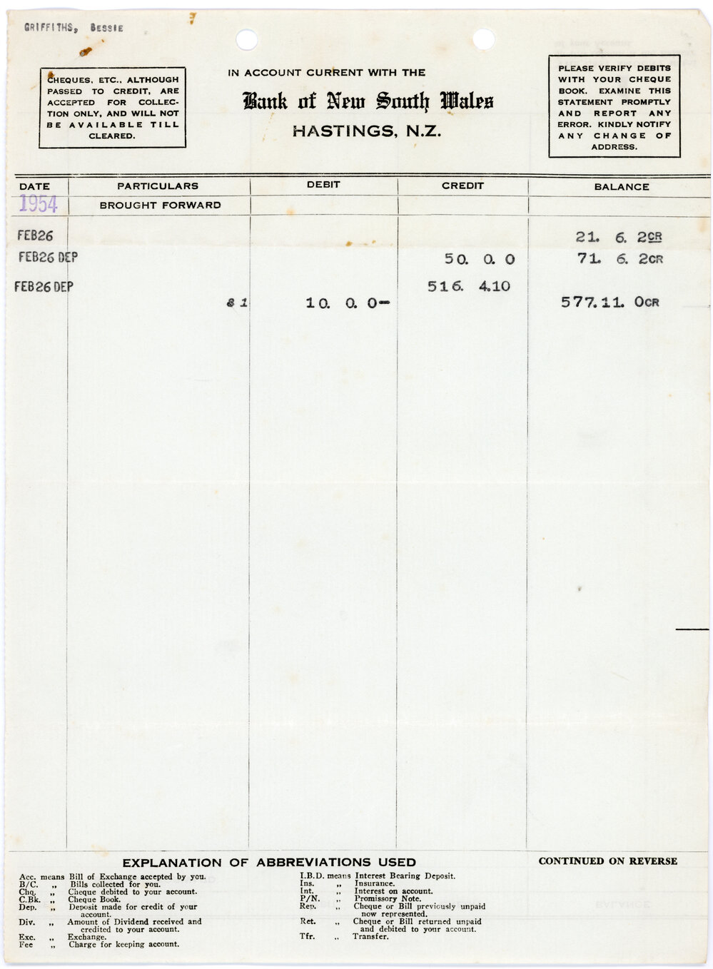 Bessie Griffiths Bank Statements