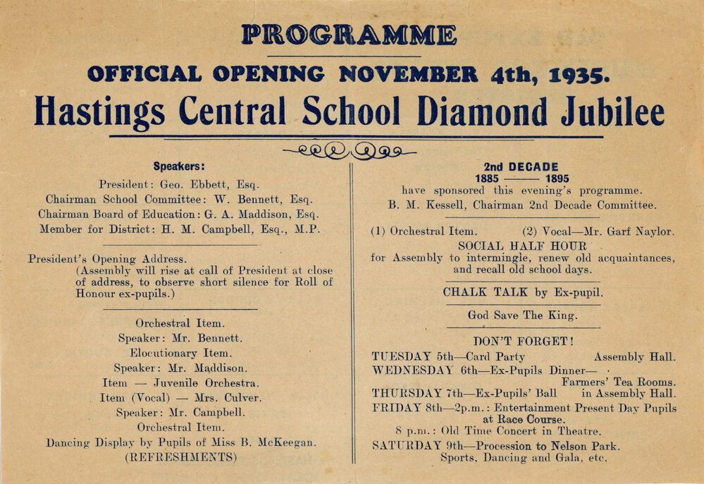 Hastings Central School Diamond Jubilee Programme