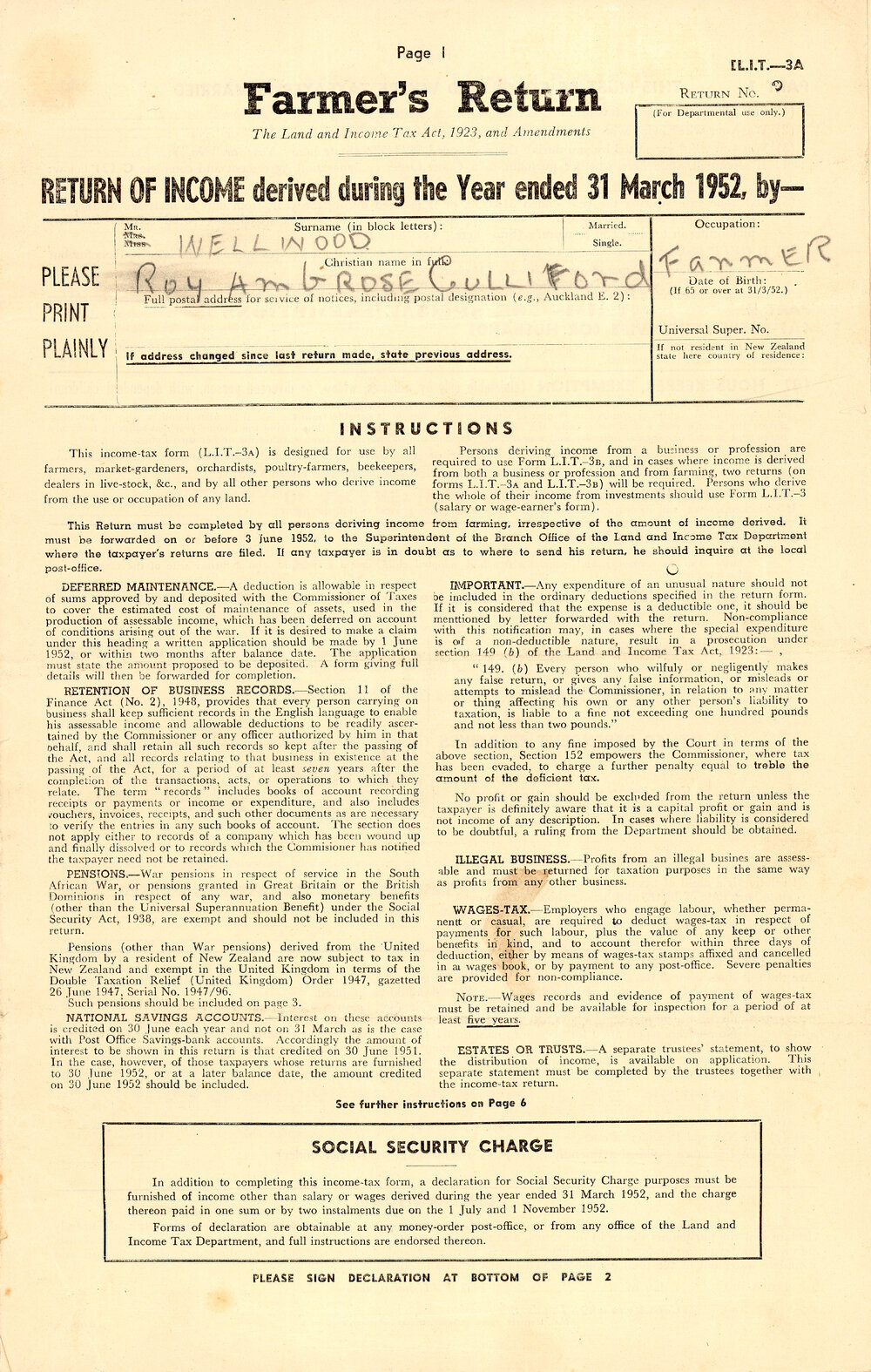 Farmer's Income Tax Return For Roy Wellwood