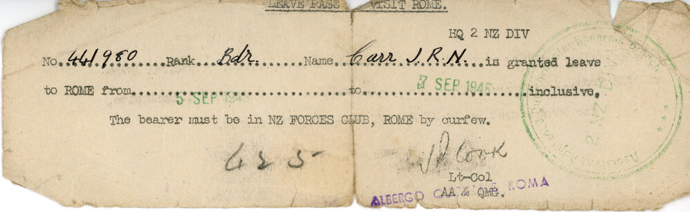 J R N Carr Leave Pass